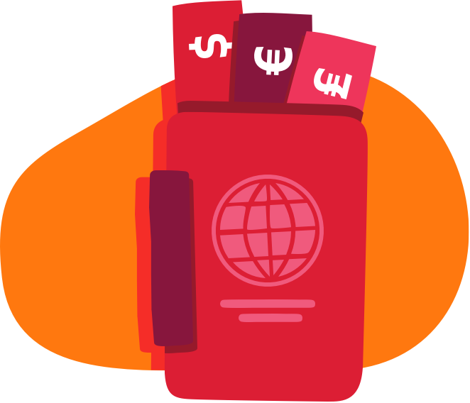 A purse with different kinds of foreign banknotes