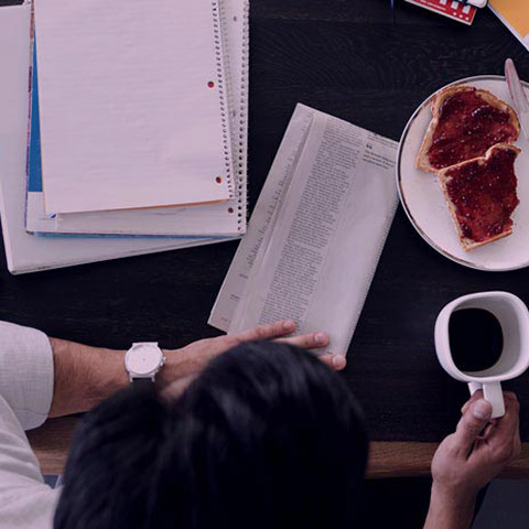 man, desk and coffee